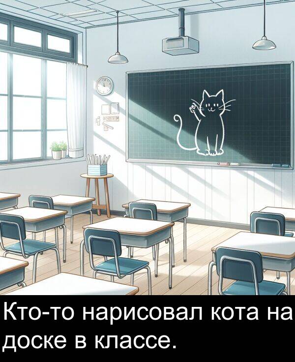 классе: Кто-то нарисовал кота на доске в классе.