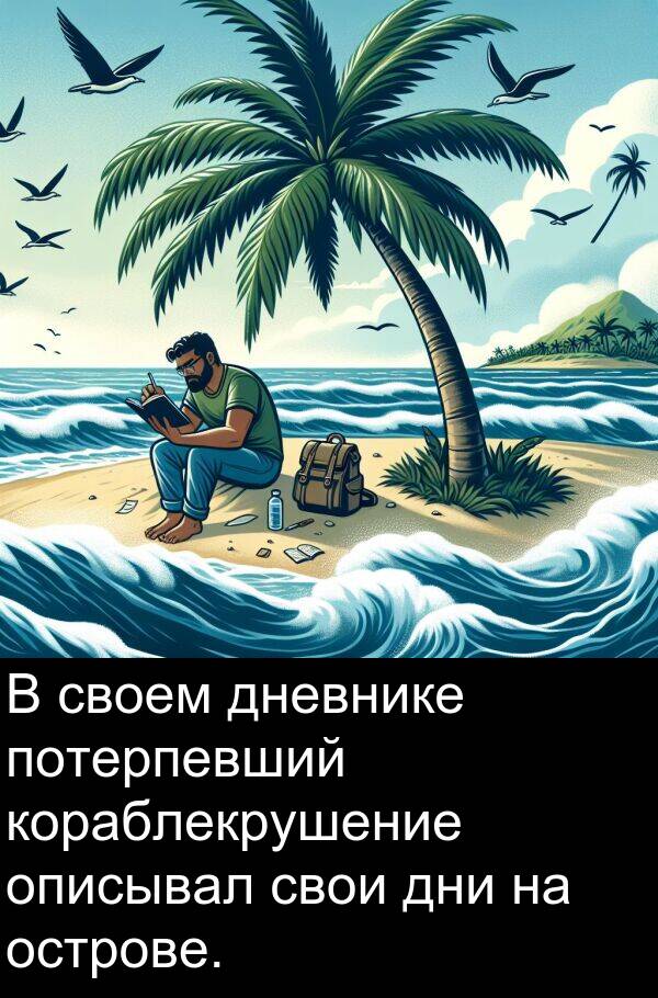 потерпевший: В своем дневнике потерпевший кораблекрушение описывал свои дни на острове.