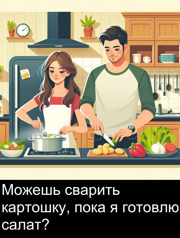 сварить: Можешь сварить картошку, пока я готовлю салат?