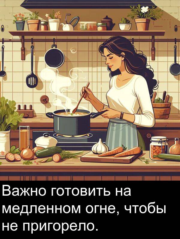 пригорело: Важно готовить на медленном огне, чтобы не пригорело.