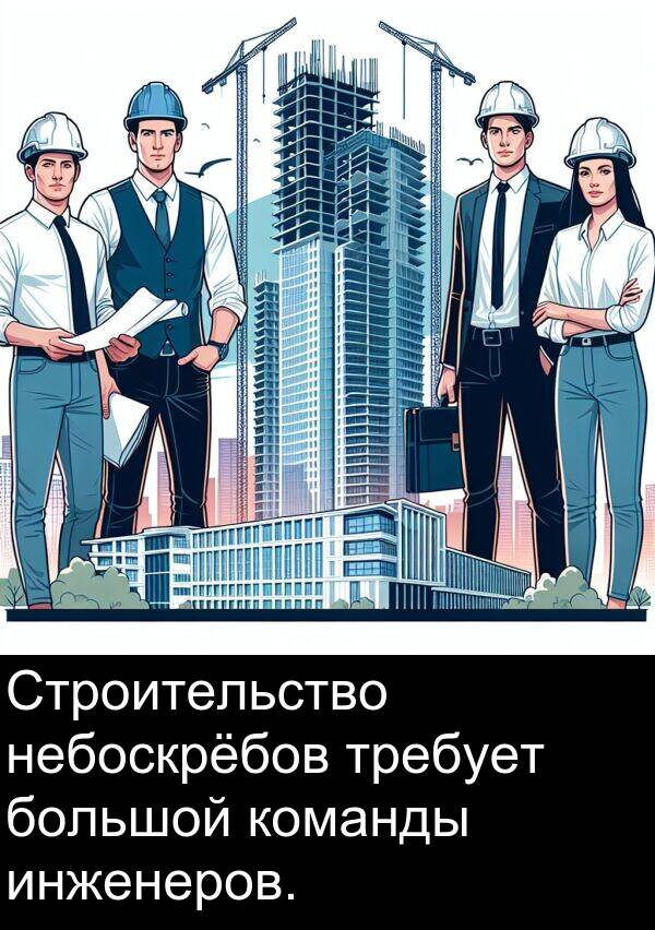 команды: Строительство небоскрёбов требует большой команды инженеров.