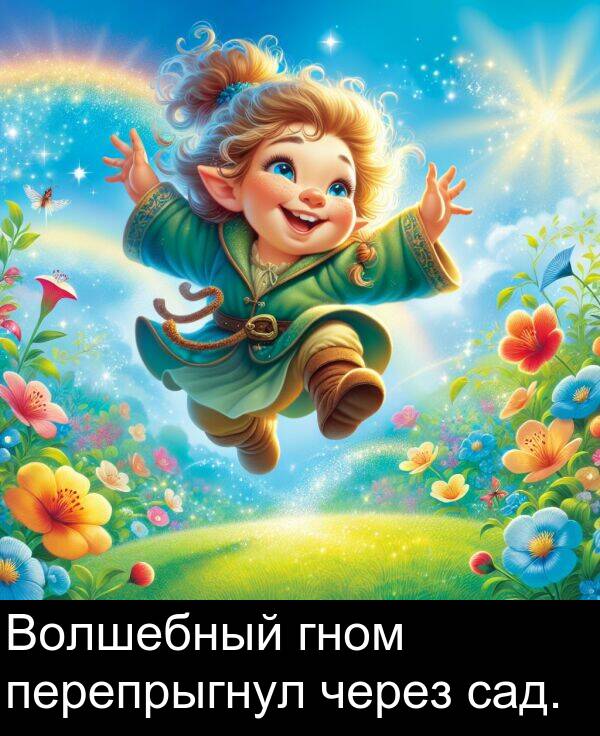 перепрыгнул: Волшебный гном перепрыгнул через сад.