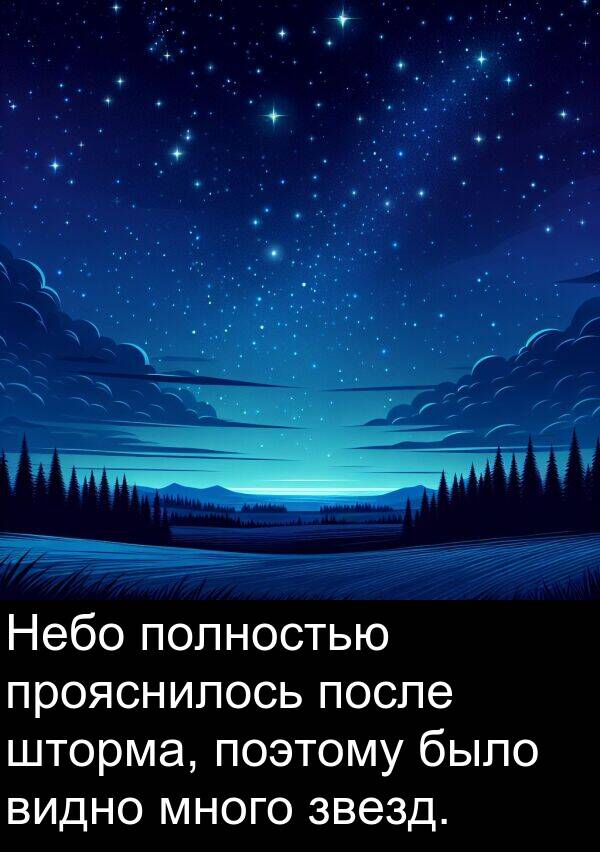 поэтому: Небо полностью прояснилось после шторма, поэтому было видно много звезд.