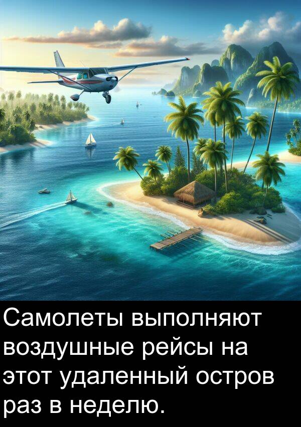 выполняют: Самолеты выполняют воздушные рейсы на этот удаленный остров раз в неделю.
