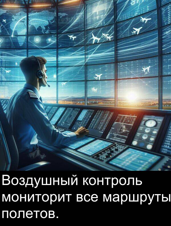 контроль: Воздушный контроль мониторит все маршруты полетов.