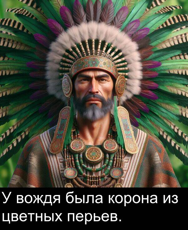 корона: У вождя была корона из цветных перьев.