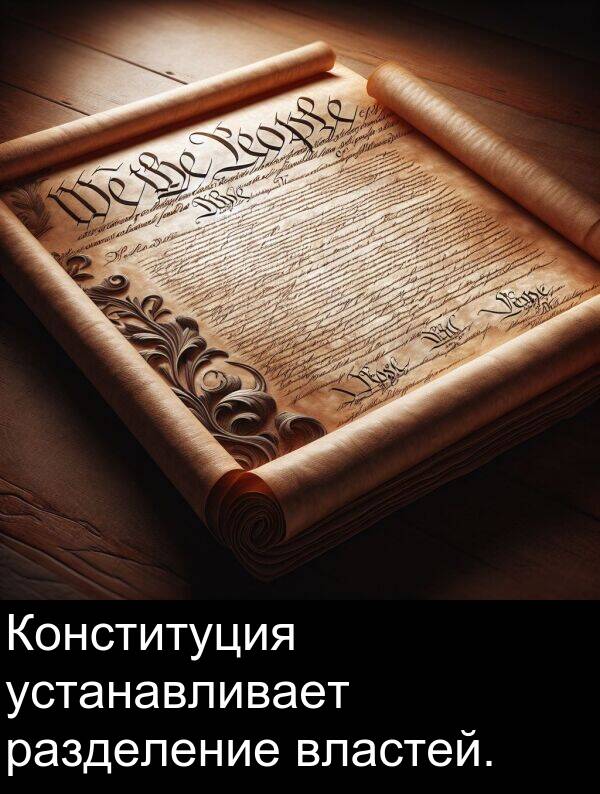 устанавливает: Конституция устанавливает разделение властей.