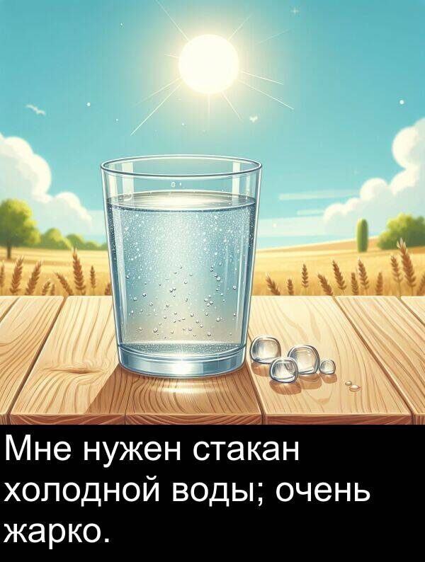 стакан: Мне нужен стакан холодной воды; очень жарко.
