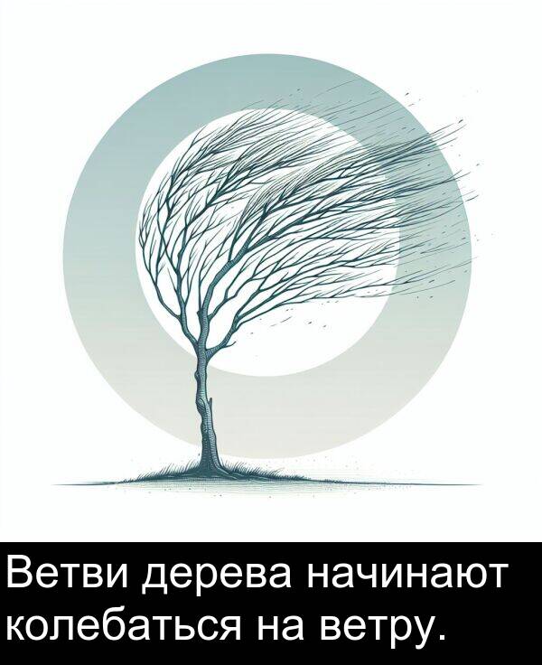 колебаться: Ветви дерева начинают колебаться на ветру.