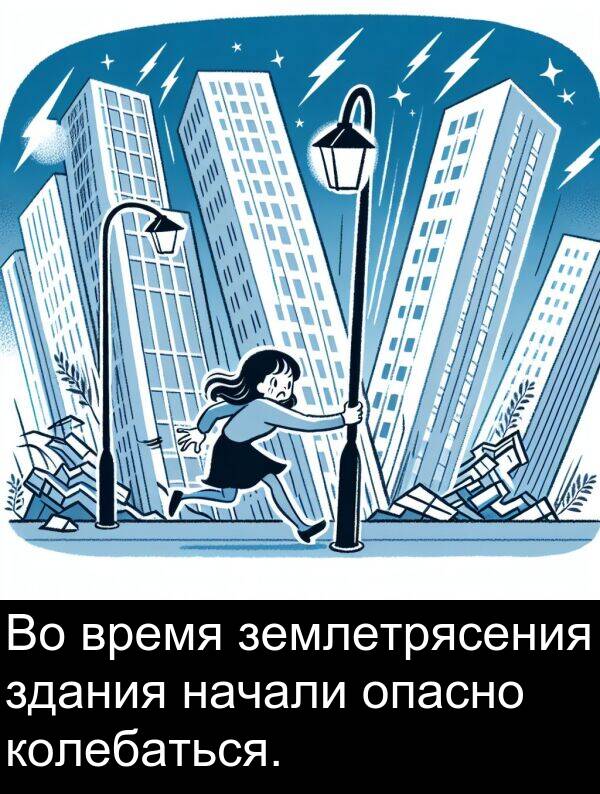 колебаться: Во время землетрясения здания начали опасно колебаться.