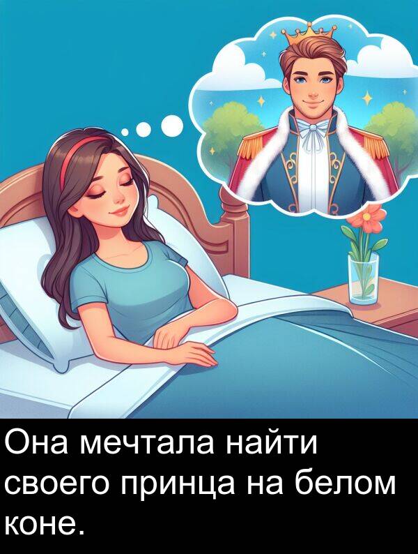коне: Она мечтала найти своего принца на белом коне.