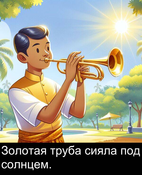 солнцем: Золотая труба сияла под солнцем.