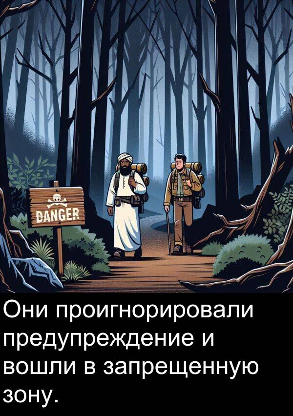 проигнорировали: Они проигнорировали предупреждение и вошли в запрещенную зону.