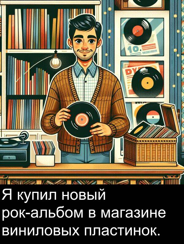 магазине: Я купил новый рок-альбом в магазине виниловых пластинок.