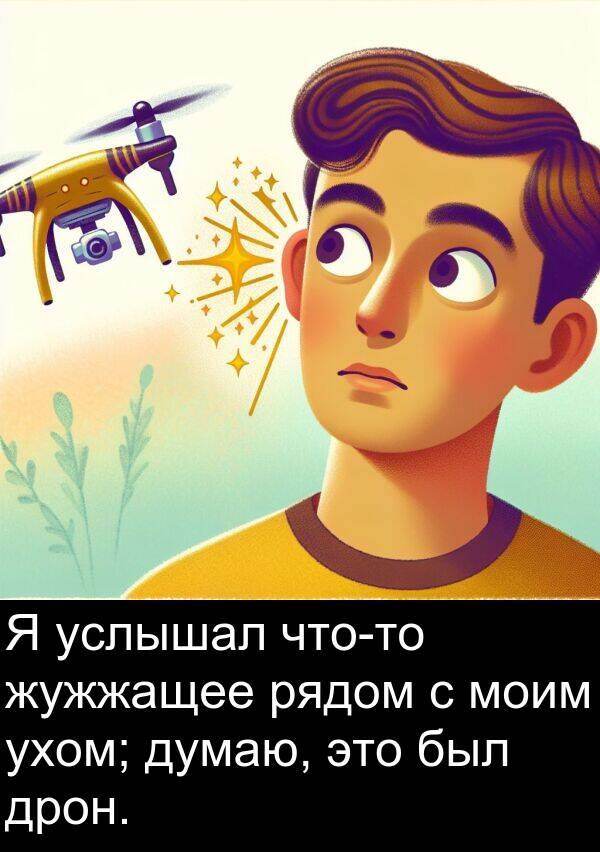 ухом: Я услышал что-то жужжащее рядом с моим ухом; думаю, это был дрон.