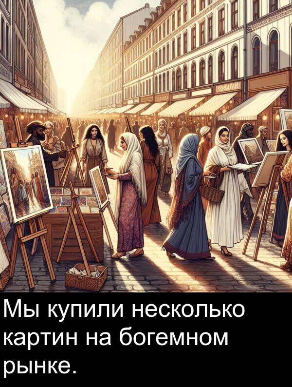 несколько: Мы купили несколько картин на богемном рынке.