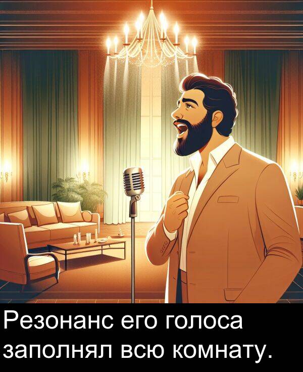 комнату: Резонанс его голоса заполнял всю комнату.