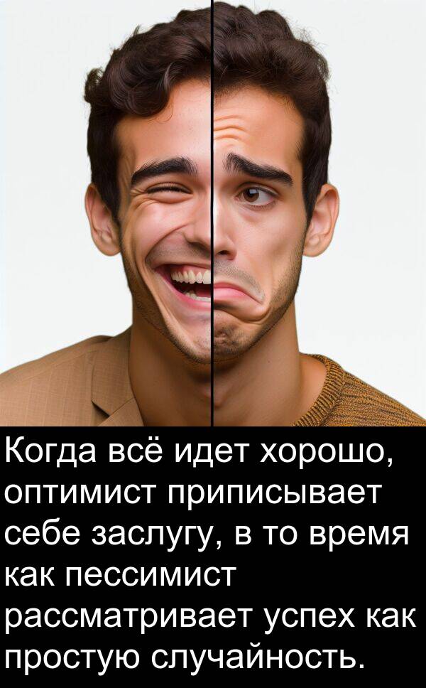 простую: Когда всё идет хорошо, оптимист приписывает себе заслугу, в то время как пессимист рассматривает успех как простую случайность.