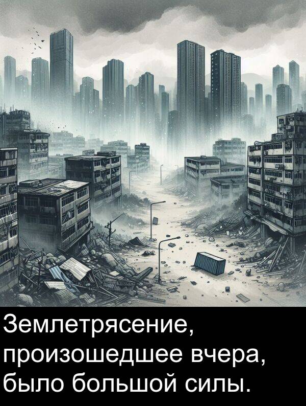 произошедшее: Землетрясение, произошедшее вчера, было большой силы.