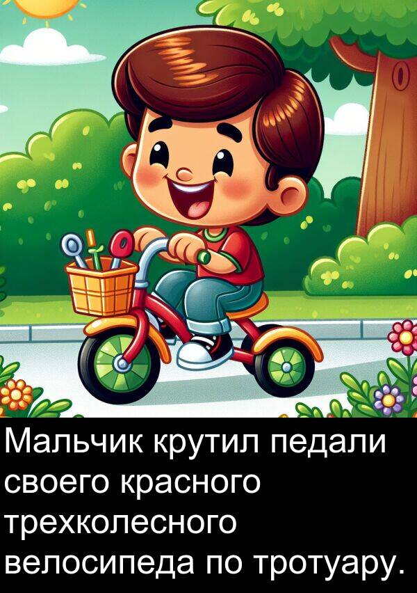 красного: Мальчик крутил педали своего красного трехколесного велосипеда по тротуару.