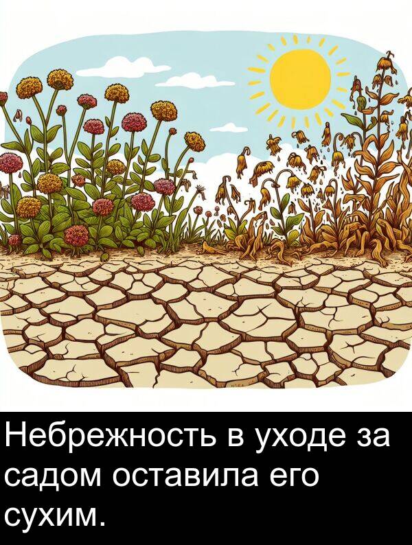 сухим: Небрежность в уходе за садом оставила его сухим.