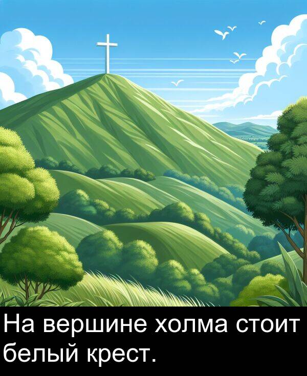 крест: На вершине холма стоит белый крест.