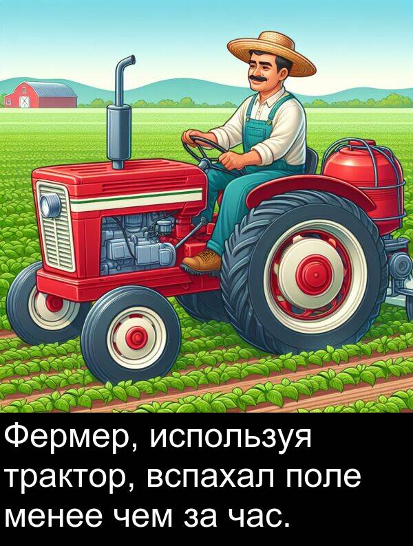 вспахал: Фермер, используя трактор, вспахал поле менее чем за час.