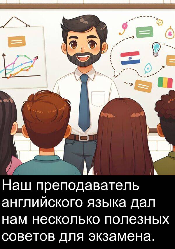 преподаватель: Наш преподаватель английского языка дал нам несколько полезных советов для экзамена.
