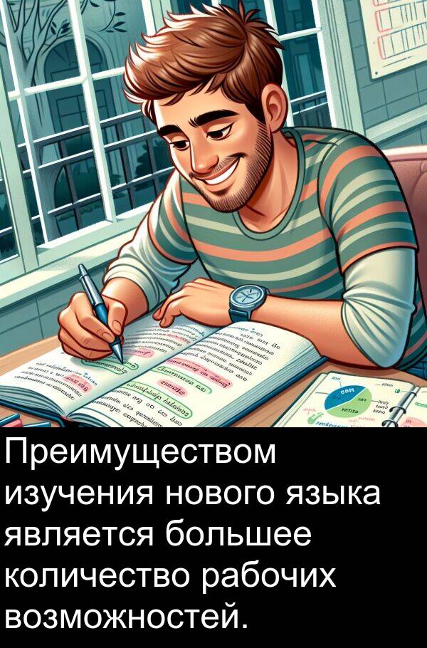 количество: Преимуществом изучения нового языка является большее количество рабочих возможностей.