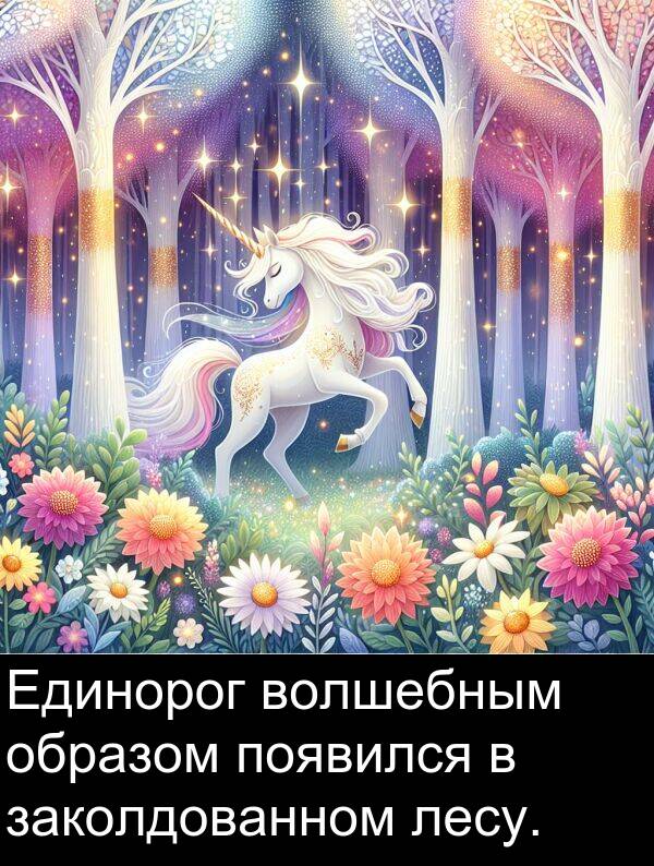 появился: Единорог волшебным образом появился в заколдованном лесу.