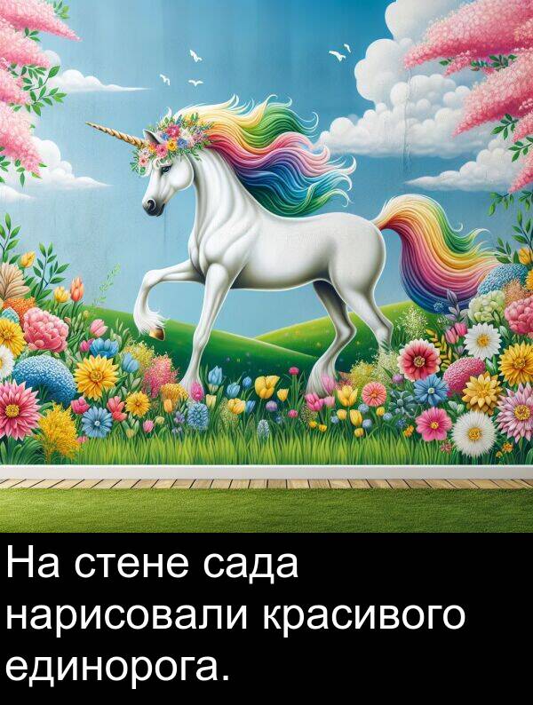 красивого: На стене сада нарисовали красивого единорога.