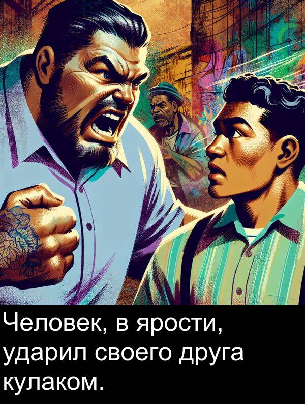 кулаком: Человек, в ярости, ударил своего друга кулаком.