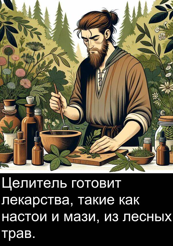 мази: Целитель готовит лекарства, такие как настои и мази, из лесных трав.