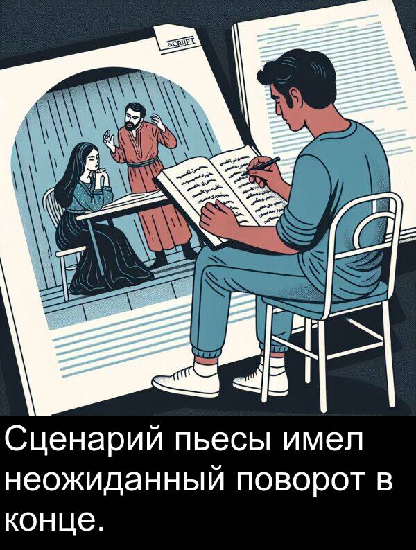 пьесы: Сценарий пьесы имел неожиданный поворот в конце.