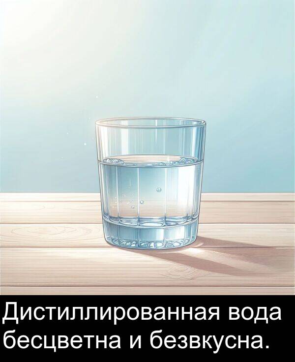 бесцветна: Дистиллированная вода бесцветна и безвкусна.