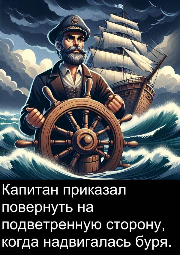 приказал: Капитан приказал повернуть на подветренную сторону, когда надвигалась буря.