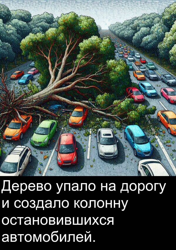 колонну: Дерево упало на дорогу и создало колонну остановившихся автомобилей.