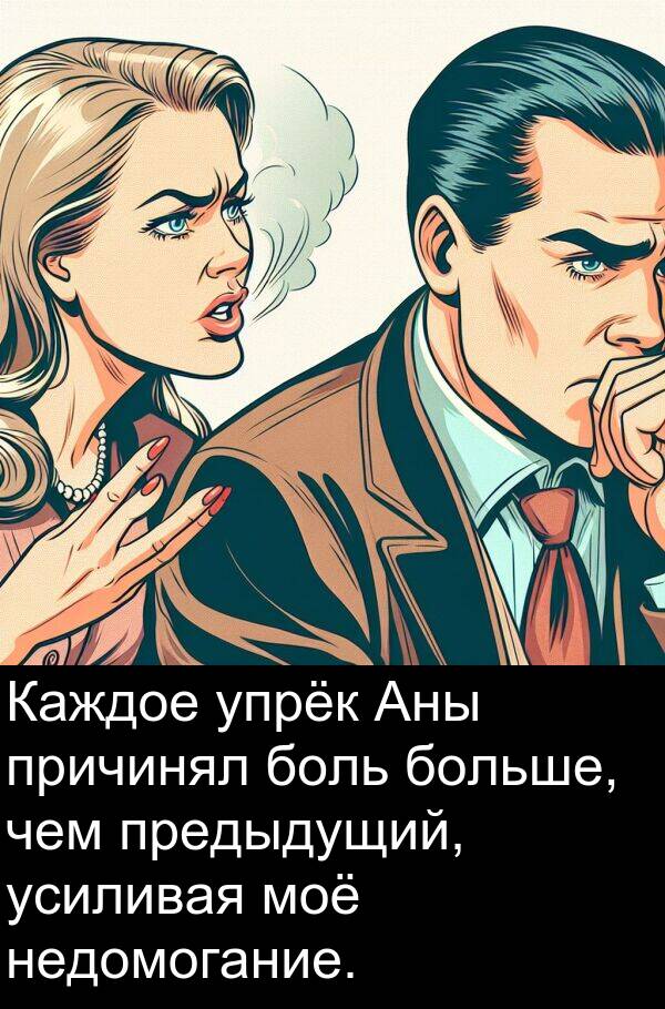 причинял: Каждое упрёк Аны причинял боль больше, чем предыдущий, усиливая моё недомогание.