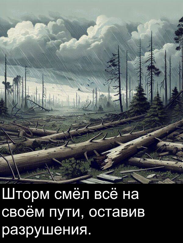 пути: Шторм смёл всё на своём пути, оставив разрушения.