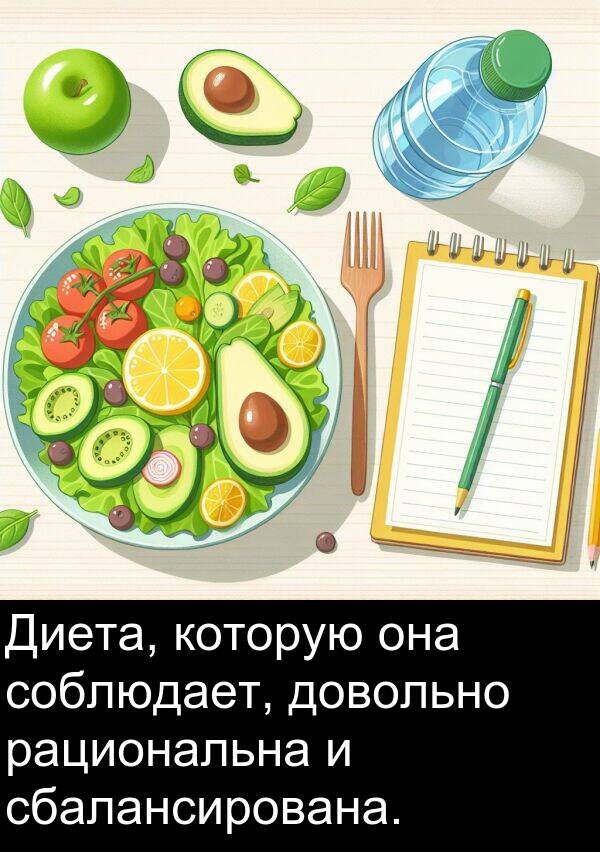 которую: Диета, которую она соблюдает, довольно рациональна и сбалансирована.