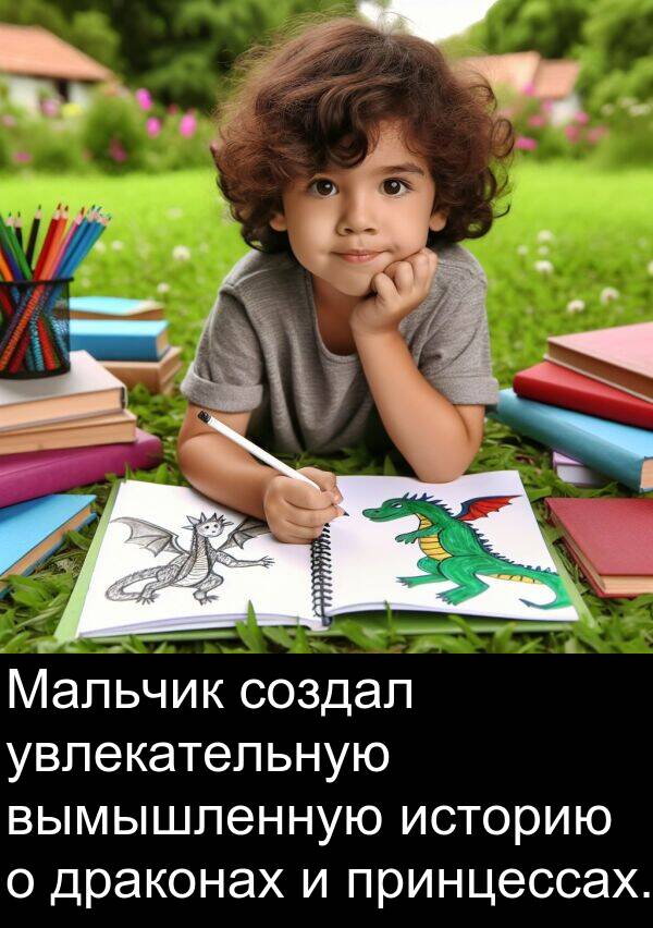 принцессах: Мальчик создал увлекательную вымышленную историю о драконах и принцессах.