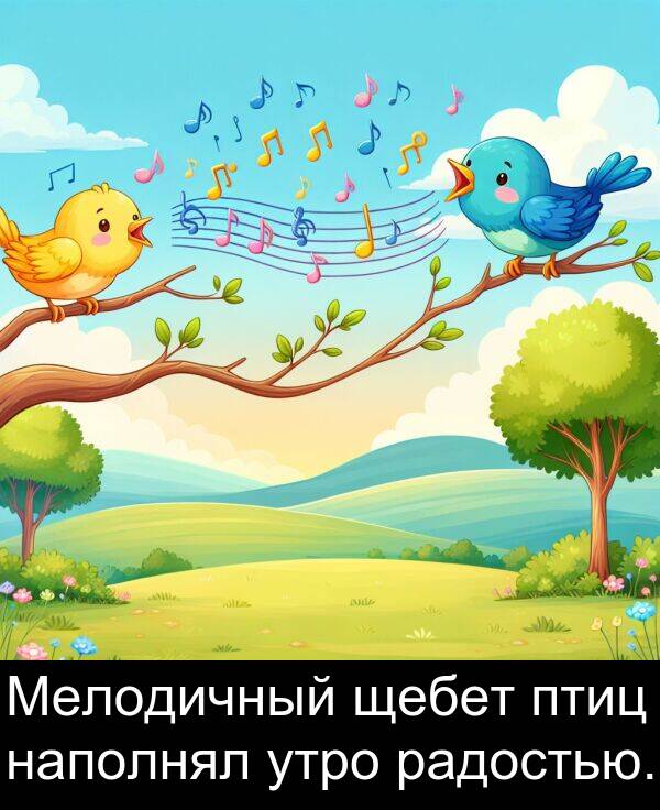 утро: Мелодичный щебет птиц наполнял утро радостью.