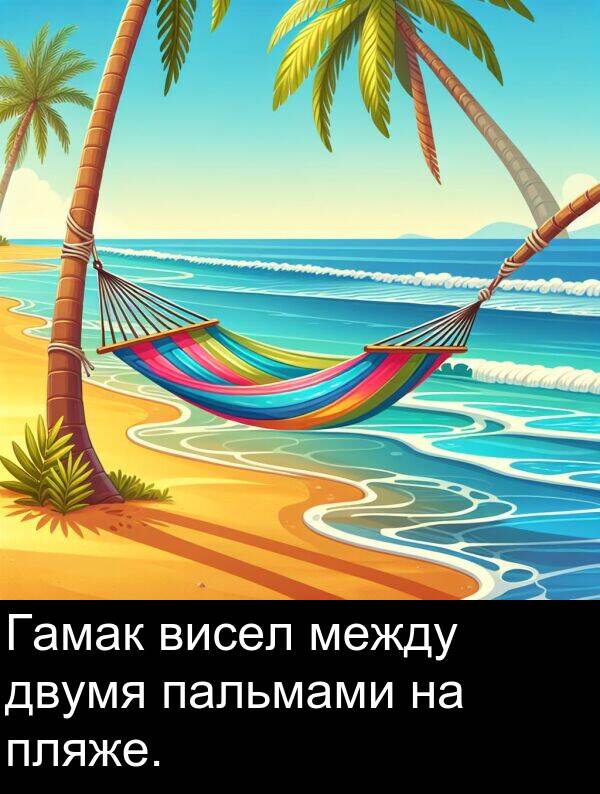 двумя: Гамак висел между двумя пальмами на пляже.