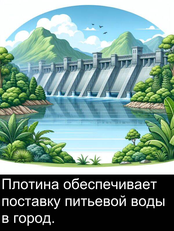 поставку: Плотина обеспечивает поставку питьевой воды в город.
