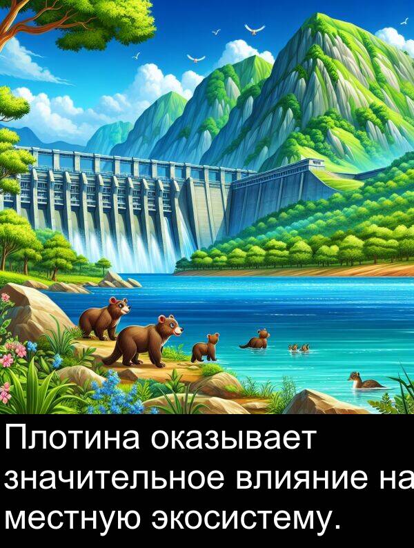 экосистему: Плотина оказывает значительное влияние на местную экосистему.