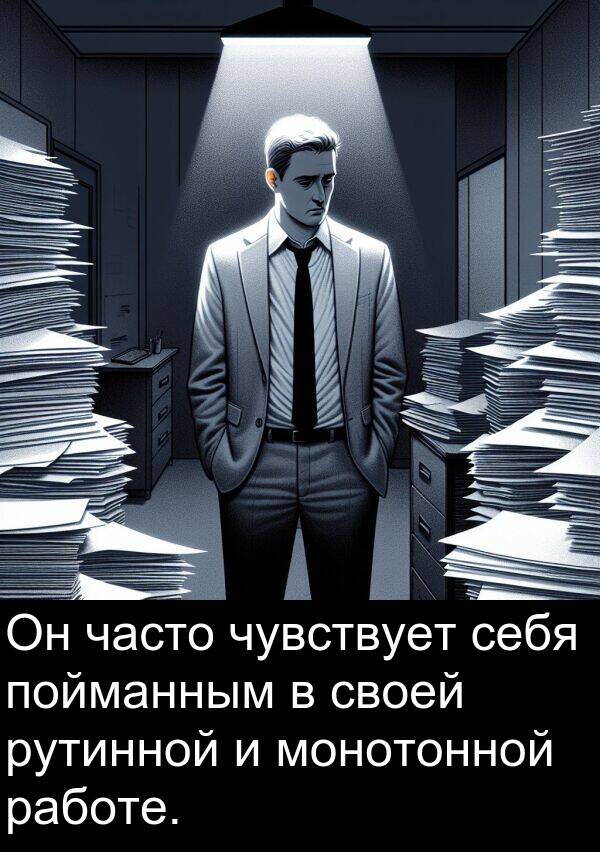 чувствует: Он часто чувствует себя пойманным в своей рутинной и монотонной работе.