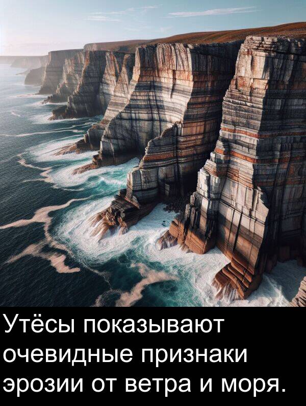 признаки: Утёсы показывают очевидные признаки эрозии от ветра и моря.