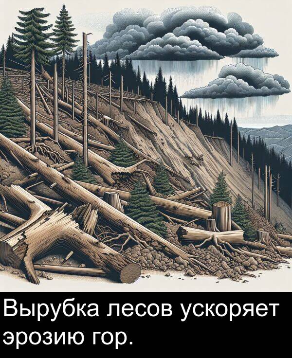 ускоряет: Вырубка лесов ускоряет эрозию гор.