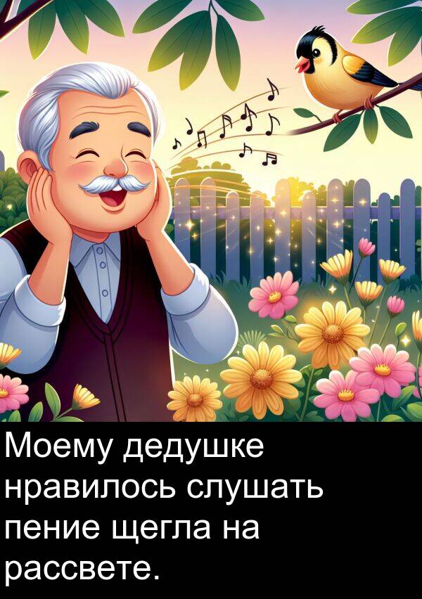 нравилось: Моему дедушке нравилось слушать пение щегла на рассвете.