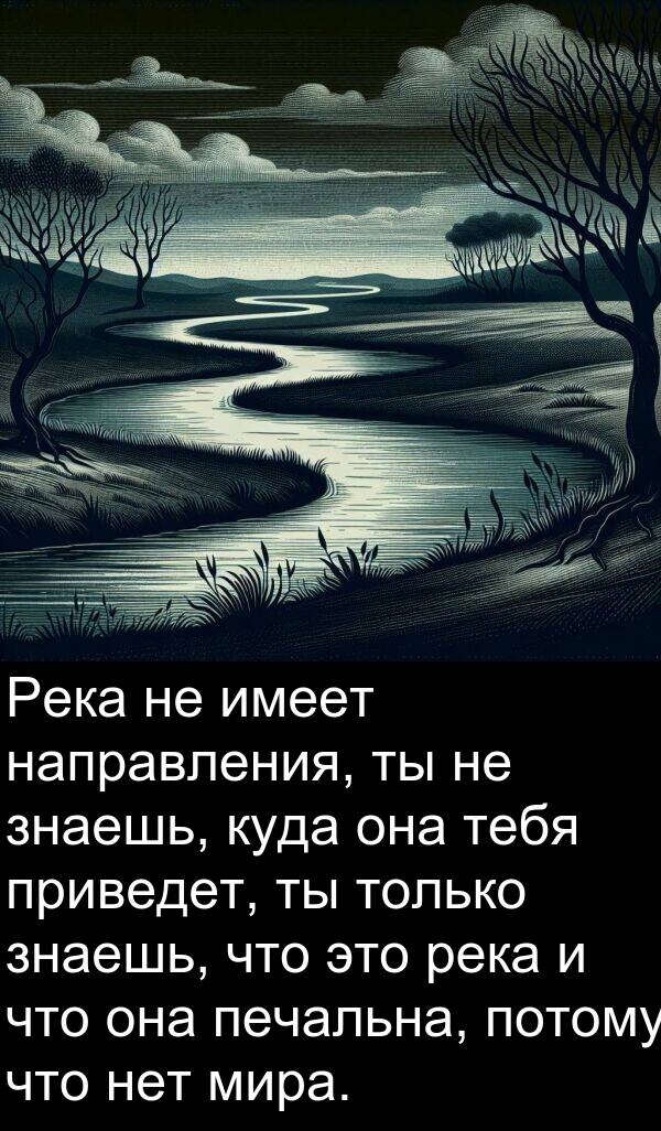 приведет: Река не имеет направления, ты не знаешь, куда она тебя приведет, ты только знаешь, что это река и что она печальна, потому что нет мира.
